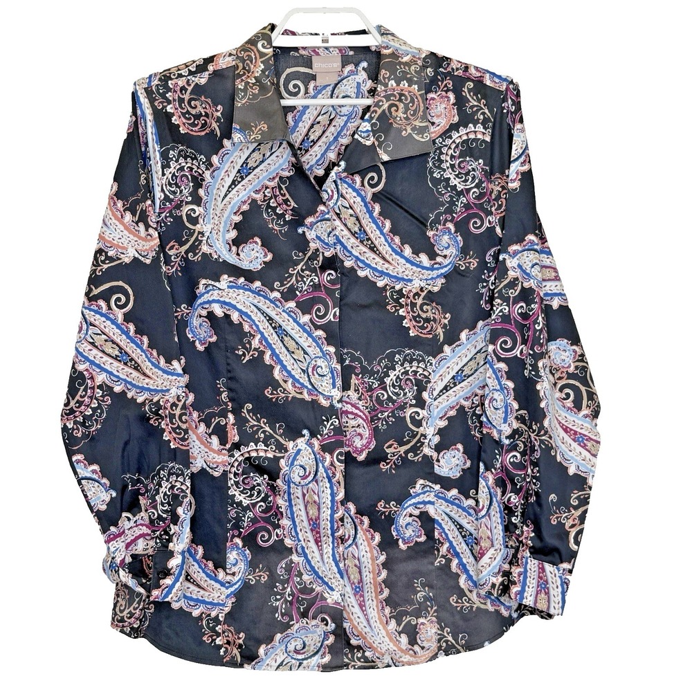 Chico's Button Front No Iron Top Size 3 XL 16/18 Black Paisley Print Long Sleeve